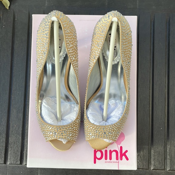 Pink Paradox London - Celebrate - Champagne Satin & Rhinestone Peep Toe Heels 8 - Picture 7 of 17